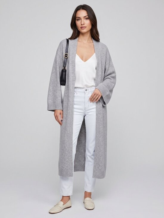 Sweaters - Women's Gray Oversized Long Knit Cardigan Open Front Relaxed Duster Sweater